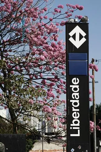 Totem da estação Liberdade com ipê florido